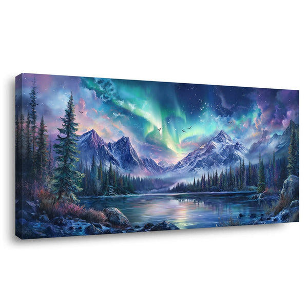 Aurora Borealis Canvas Wall Art Northern Lights Wall Printing Farmhouse Abstract Snow Mountain Tree Forest Scenery Canvas Nature Landscape Artwork For office Home Décor Ready to Hang 30L" x 16W"